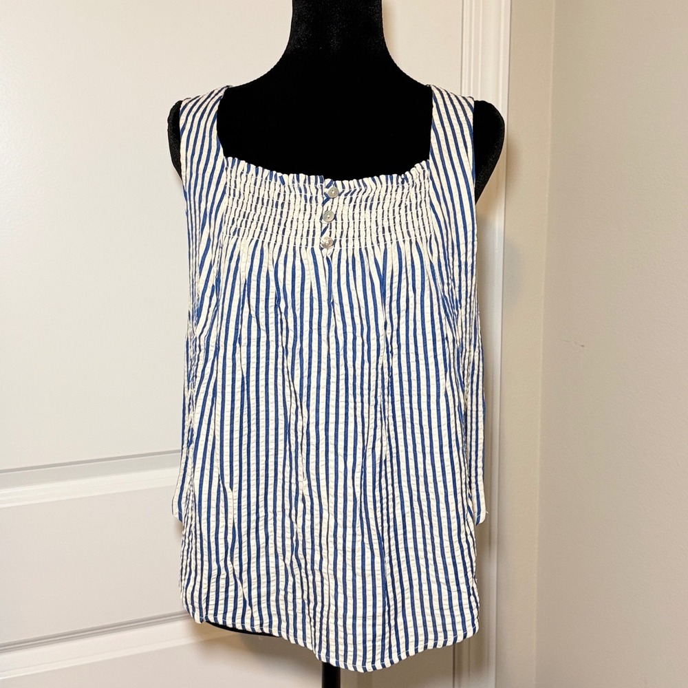 Draper James Blue White Striped Seersucker Smocked Square Neck Tank Top Blouse S